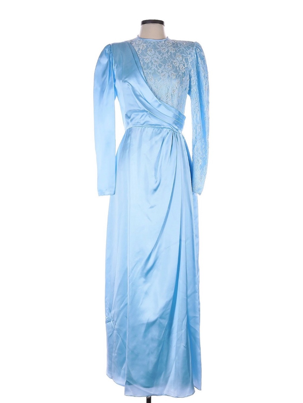 Vintage 70s Sky Blue Satin & Lace Long Sleeve Gown, Sz 10/12